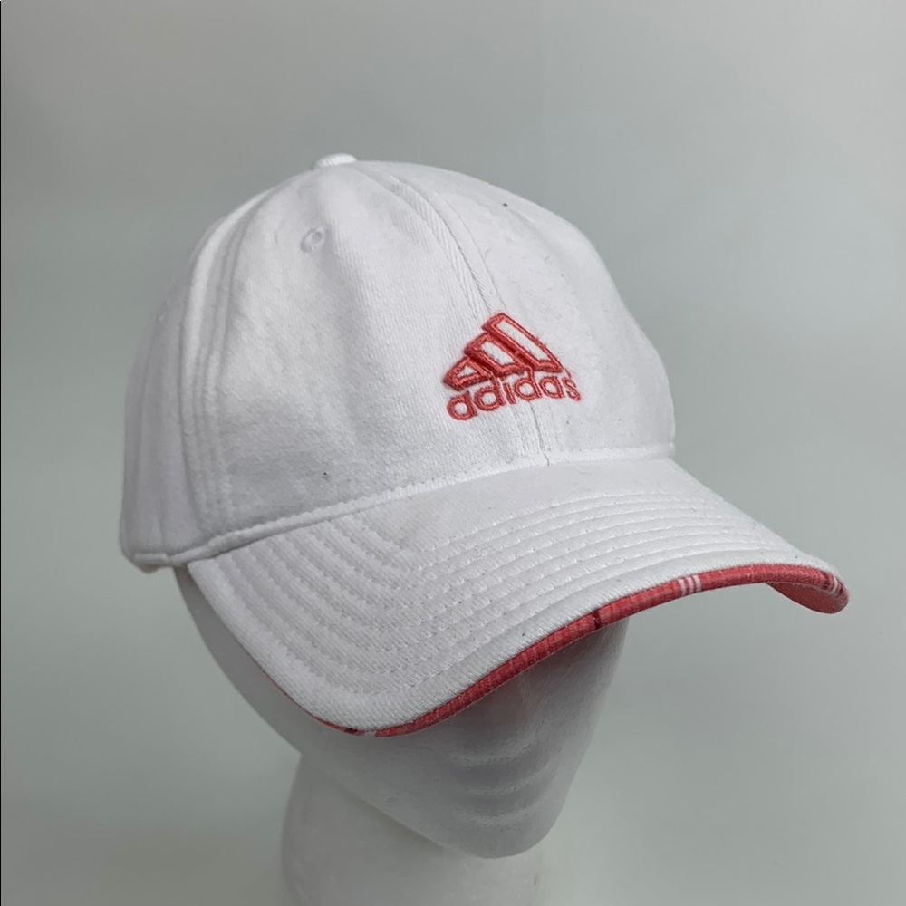 Adidas White pink ball Cap hat Cotton Adjustable back Stripe lined One size